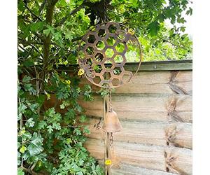 Honeycomb Bee Wind Chime Cast Iron Brown Hanging Bell Mobile Metal Garden Decor 65cm