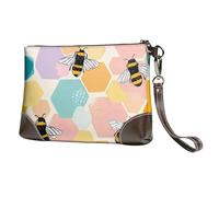 Honeycomb Bees Leather Clutch Bag for Women, Colorful Geometric Wristlet Purse with Detachable Strap Evening Handbag, Ladies Long Wallet for Wedding Party Travel Business