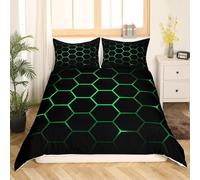 Honeycomb Double Duvet Cover Set 3D Printed Geometric Black and Green Bedding Set Ultra Soft Microfiber Quilt Cover 200x200 cm with 2 Pillowcase with Zipper for Boys Girls Teens A.279