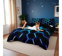 Honeycomb Duvet Cover Black Blue Teal Geometric Hexagonal Bedding Set for Boys Kids Teen,3D Hexagon Beehive Geometrical Comforter Cover Double,Glow Neon Light Quilt Cover Simplistic Bedroom Decor