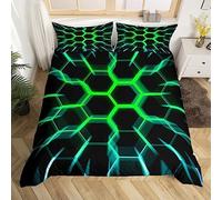 Honeycomb Duvet Cover Black Green Geometric Hexagonal Bedding Set for Boys Kids Teen,3D Hexagon Beehive Geometrical Comforter Cover Double,Glow Neon Light Quilt Cover Simplistic Bedroom Decor