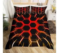 Honeycomb Duvet Cover Black Red Geometric Hexagonal Bedding Set for Girls Boys Women,3D Hexagon Beehive Geometrical Comforter Cover Double,Glow Neon Light Quilt Cover Simplistic Bedroom Decor