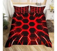 Honeycomb Duvet Cover Black Red Geometric Hexagonal Pattern Gamer Single Bedding Sets for Boys Girls Kids,3D Hexagon Beehive Geometry Comforter Cover Game Room Decor,Glowing Neon Home Decor Bed Set