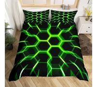 Honeycomb Duvet Cover Black Yellow Geometric Hexagonal Bedding Set for Boys Girls Kids,3D Hexagon Beehive Geometrical Comforter Cover Double,Glow Neon Light Quilt Cover Simplistic Bedroom Decor