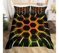 Honeycomb Duvet Cover Black Yellow Orange Geometric Hexagonal Bedding Set for Boys Kids Girls,3D Hexagon Beehive Geometrical Comforter Cover Double,Glow Neon Light Quilt Cover Simplistic Bedroom Decor