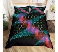 Honeycomb Duvet Cover Yellow Teal Geometric Hexagonal Pattern Gaming Single Bedding Sets for Boys Girls Kids,3D Hexagon Beehive Comforter Cover Game Room Decor,Glowing Neon Home Decor Bed Set