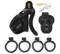 Honeycomb Hollow Design Chastity Cage with 4 Sizes Rings, Interesting Chastity Devices for Male Restraint -UKGA14Z (Black-Curved Ring, A:Cheaper)
