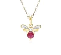Honeycomb Inspired Ruby and Diamond Bee Pendant Necklace in 9ct Yellow Gold