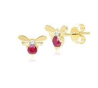Honeycomb Inspired Ruby and Diamond Bee Stud Earrings in 9ct Yellow Gold