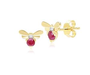 Honeycomb Inspired Ruby and Diamond Bee Stud Earrings in 9ct Yellow Gold