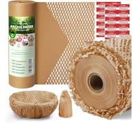 Honeycomb Packing Paper,30cm x 60m Bubble Cushioning Wrap for Packing Moving,Products Gifts Wrapping Paper,Recyclable and Biodegradable Shipping Packing Materials with 20 Fragile Sticker Labels