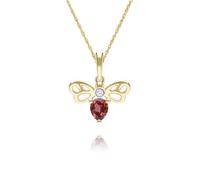 Honeycomb Pear Shape Garnet & Diamond Bee Pendant Necklace in 9ct Yellow Gold
