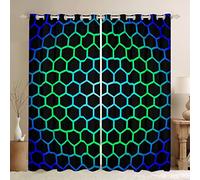 Honeycomb Window Curtains Boys Blue Green Neon Lights Geometric Blackout Curtains For Bedroom 66"X72" Hexagonal Beehive Curtains & Drapes Hexagon Geometry Window Treatments 2 Panels