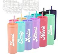 Honeydak 12 Pcs Personalized 20oz Skinny Tumblers with Lids Straws and 5 Pcs UV DTF Cup Wrap Letter Stickers, Multicolor Double Wall Plastic Tumbler Bulk Name Decals for Christmas DIY Custom Gifts