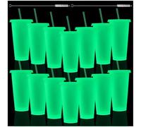 Honeydak 15 Pack 24 oz Glow in The Dark Cups Bulk Neon Plastic Tumbler with Straw and Lid Glow in The Dark Party Supplies Water Bottle Iced Coffee Travel Mug Reusable for Birthday (Fluorescent Green)