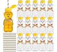 Honeydak 16 Pack Bear Straw Honey Cup for Baby 8 oz Bear Drinking Honey Bottles Empty Plastic Squeeze Bottles with Flip Top Lid Bow Jar Containers for Baby Shower Birthday Party Decoration(Brown)