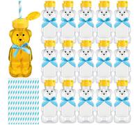 Honeydak 16 Sets 8 oz Plastic Honey Bear Bottles Honey Squeeze Bottles with Flip Top Lid Straws Bow Empty Bear Shaped Jar Container Cup for Baby Shower Birthday Party Decoration(Blue)