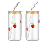 Honeydak 2 Pcs Icon Juice Glass Tumbler - 18 oz Apple Icon Can Shape Glass Cups with Lid & Straw Coffee Juice Beer Soda Drinking Cup for Apple Party Supplies Teacher' Day Gifts