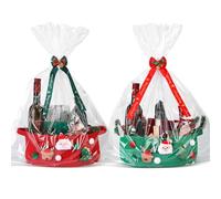 Honeydak 2 Set Christmas Gift Basket with Cellophane and Bow Ribbon Empty Santa Deer Tree Christmas Woven Basket with Handle for Xmas Gift Wrapping Home Decorations