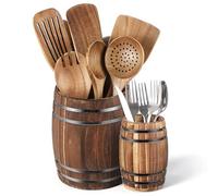 Honeydak 2pcs Wine Barrel Kitchen Utensil Crock 7"+5.3" Vintage Rustic Burnt Wood Cooking Tool Holder Western Utensil Organizer Spatula Cooking Tool Holder Countertop Farmhouse Kitchen Decoration