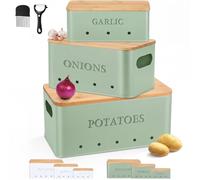 Honeydak 3 PCS Sage Green Potato Onion Garlic Storage Bins Set, Metal Vegetable Keeper Containers with Lids Aerating Holes for Kitchen Counter Pantry Keep Fresh Longer Farmhouse for Sweet-potato Fruit