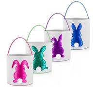 Honeydak 4 Pcs Easter Basket Bags Bunny Tote Bag Easter Eggs Hunt Basket Bucket Rabbit Fluffy Tails Party Celebrate Carry Candy Egg Bucket Rabbit Print Buckets for Gift Sets(Colorful Bunny)