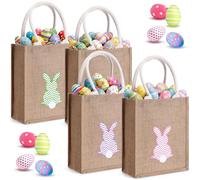 Honeydak 4 Pcs Easter Basket Bags Bunny Tote Bag Easter Eggs Hunt Basket Bucket Rabbit Fluffy Tails Party Celebrate Carry Candy Egg Bucket Rabbit Print Buckets for Gift Sets(Stripe Bunny)