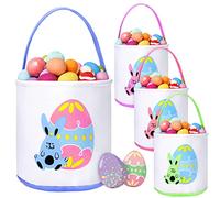 Honeydak 4 Pcs Easter Bunny Basket Bags for Kids Canvas Bunny Hunt Basket for Eggs with Handle Personalized Rabbit Totes Bag for Easter Spring Party Decoration Eggs Candy Toys Present Carry