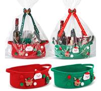 Honeydak 4 Set Christmas Gift Basket with Cellophane and Bow Ribbon Empty Santa Deer Tree Christmas Woven Basket with Handle for Xmas Gift Wrapping Home Decorations