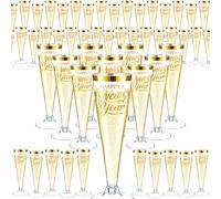 Honeydak 50 Pack Plastic Champagne Flutes Bulk 4.05 oz Clear Disposable Toasting Glasses Print Hard Recyclable Cups for Wedding, Party, Cocktail, Mimosa Bar, Event Use (Happy New Year)