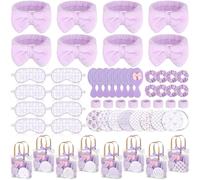 Honeydak 56 Pcs Spa Sleepover Party Supplies Include Sleep Eye Mask Wristband Scrunchie Spa Headband with Coquette Bow Mirror Hair Comb Gift Bags for Women Girls Slumber Birthday Party Favors (Purple)