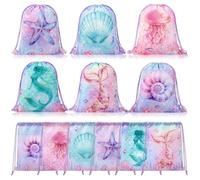Honeydak 6 Pcs Mermaid Drawstring Backpack Bulk Large Mermaid Ocean Party Favor Bags for Girls Undersea Birthday Party Supplies