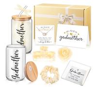 Honeydak 8 Pcs Godmother Proposal Gift Set Will You Be My Godmother from Godchild 12oz Glass Cup Necklace Trinket Ring Dish Gift Box for Mother's Day Birthday Baptism Christmas (Champagne Gold)