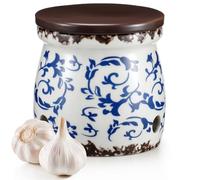 Honeydak Blue and White Porcelain Garlic Keeper with Lid 4.2" x 4" Ceramic Garlic Container for Counter Storage Countertop Holder Breathable Design for Chili Ginger Modern Farmhouse Home Kitchen Decor