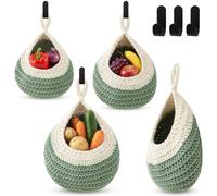 Honeydak Boho Decor Hanging Wall Baskets for Kitchen 3 Pack Teardrop Baskets with Hooks Storage Fruit Onion Vegetable Potato for Home 3 Sizes(White with Sage Green,Teardrop,Cotton Rope)