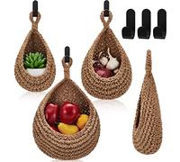 Honeydak Hanging Wall Basket Teardrop Hanging Baskets Onion Basket Coat Bohemian Storage Fruit Wall Hooks for Kitchen Wall Home Restaurant Storage Vegetable, 3 Sizes(Linen)