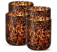 Honeydak Set of 4 Tortoise Leopard Print Brown 10 oz Rocks Glasses Stylish Stemless Cocktail Cups Glass Glassware Tumbler Ideal for Gin, Tequila, Vodka, Soft Drinks 3.2 x 3.2 x 4 in