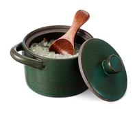 Honeydak Speckled Ceramic Salt Cellar with Lid and Wooden Spoon, Rustic Farmhouse Salt Pepper Cellar Holder for Housewarming Gift, Heavyweight Spices Jar for Kosher, Sea, Sugar (Dark Blue)