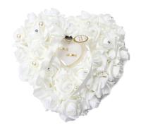 HONEYGIFTS Amor Present Wedding Ring Pillow, White Lace Crystal Rose Heart Wedding Ring Box, 6.3x7.5 inch