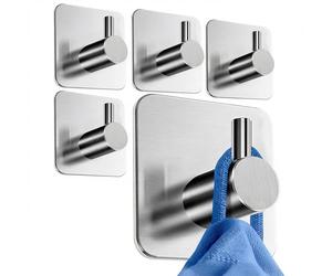 HoneyHolly Towel Holder Without Drilling, Pack of 5, Self-Adhesive Hooks, Stainless Steel Adhesive Hooks, Extra Strong, Versatile Hooks, Self-Adhesive for Kitchen, Bathroom, Cabinets, Office, Doors
