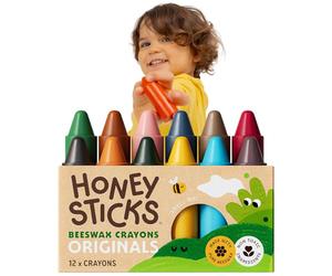 Honeysticks 100% Pure Beeswax Crayons (12 Pack) - Non Toxic Crayons, Safe for Babies and Toddlers, For 1 Year Plus, Handmade in New Zealand with Natural Beeswax and Food-Grade Colours, Eco-Friendly