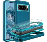 HONG-AMY Case for Google Pixel 8 Pro Blue/Turquoise | with 2 Pcs, Tempered Glass Screen Protector, 3 in 1, Full Body, Shockproof, Heavy Duty Protection