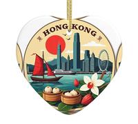 Hong Kong Cityscape With Boat Christmas Tree Ceramic Hanging Heart Shaped Ornament Pendant Holiday Party Home Decor