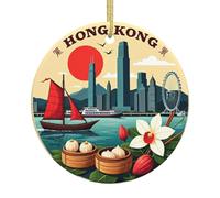 Hong Kong Cityscape With Boat Christmas Tree Ceramic Hanging Round Xmas Ornament Keepsake Holiday Party Home Decoration