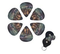Hong Kong Guitar Picks 6 Pack, 0.46mm Thickness Celluloid Bass Pick with Leather Guitar Pick Holder Keychain Abstract Art Pics Plectrum for Acoustic Electric Guitar, Ukulele, Bass