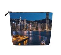 Hong Kong Night View Faux Linen Makeup Pouch-Lightweight Travel Case