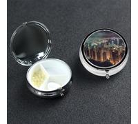 Hong Kong Pill Box with Mirror 3 Compartment Decorative Pill Case for Purse or Pocket Small Round Pill Organizer Weekly Metal Medicine Tablet Vitamin Holder Travel Gift
