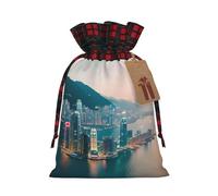 Hong Kong Print Christmas Drawstring Gift Bags,Gifts Wrapping Bag for Birthday Holiday Xmas Party