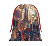 Hong Kong Print Christmas Drawstring Gift Bags, Xmas Holiday Fabric Gift Wrapping Bag For Party, Size-L