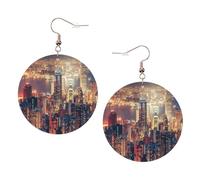 Hong Kong Print Piercing Round Leather Earrings Set 1 Pair Stylish Leather Earrings Dangle Hoop For Women Jewelry Gifts